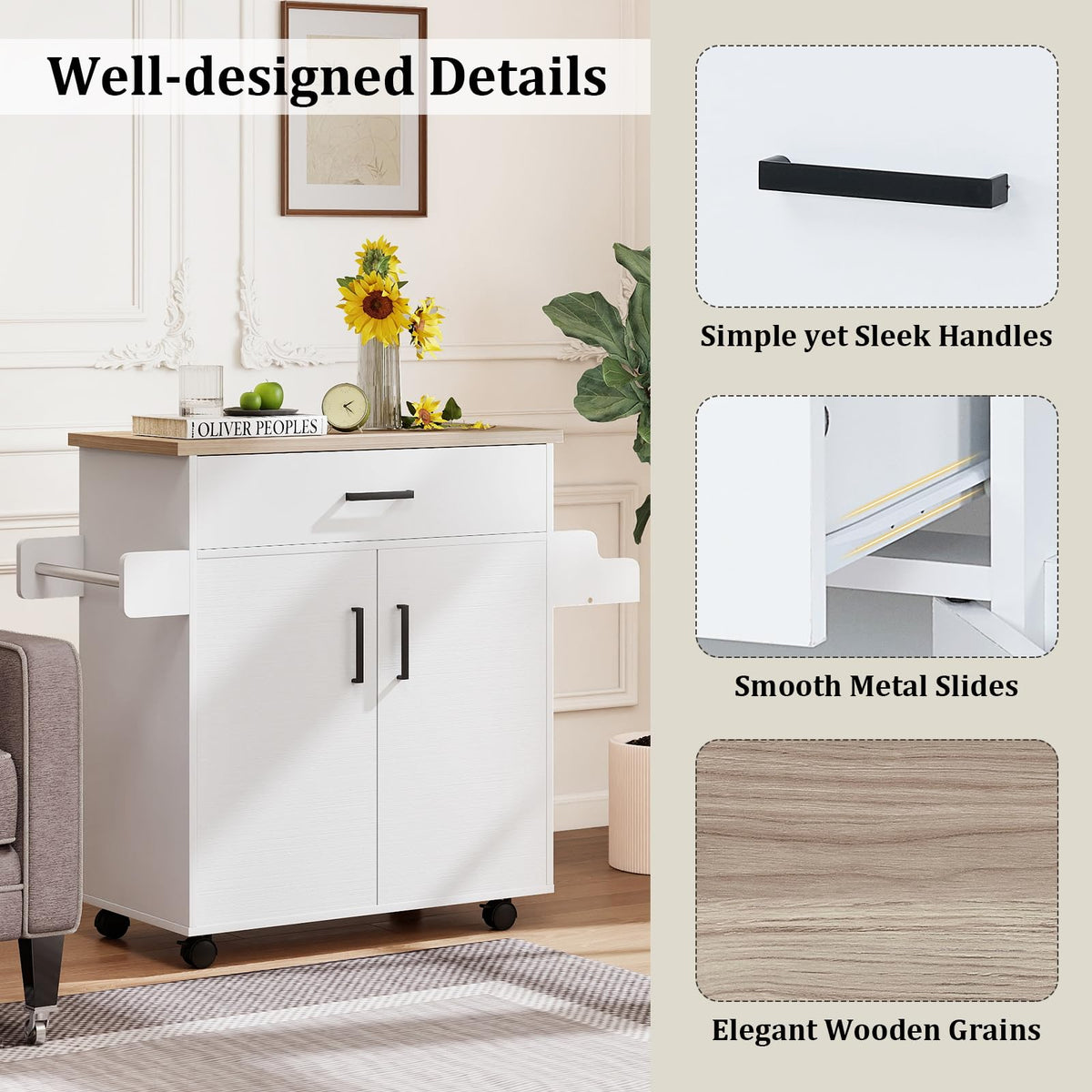 Goflame Kitchen Island with Storage 41.5" W Rolling Island Table