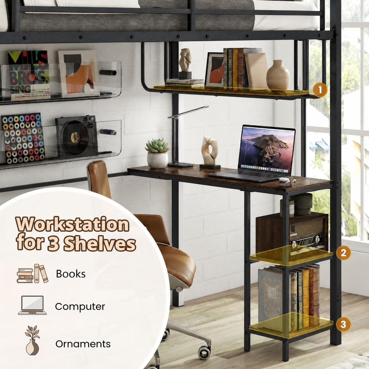 Goflame Twin Loft Bed with Desk LED Lights & Charging Station