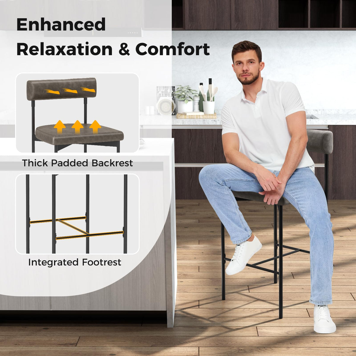 Goflame Counter Height Bar Stools, 26 Inch Upholstered Bar Chairs with Back