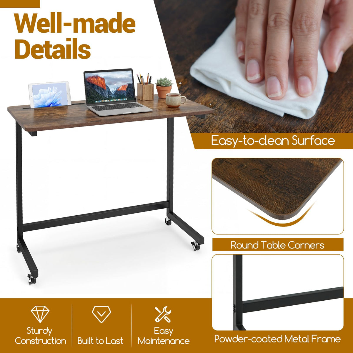 Goflame Mobile C-Shape Side Table - Rolling Bedside Table w/Tablet Slot