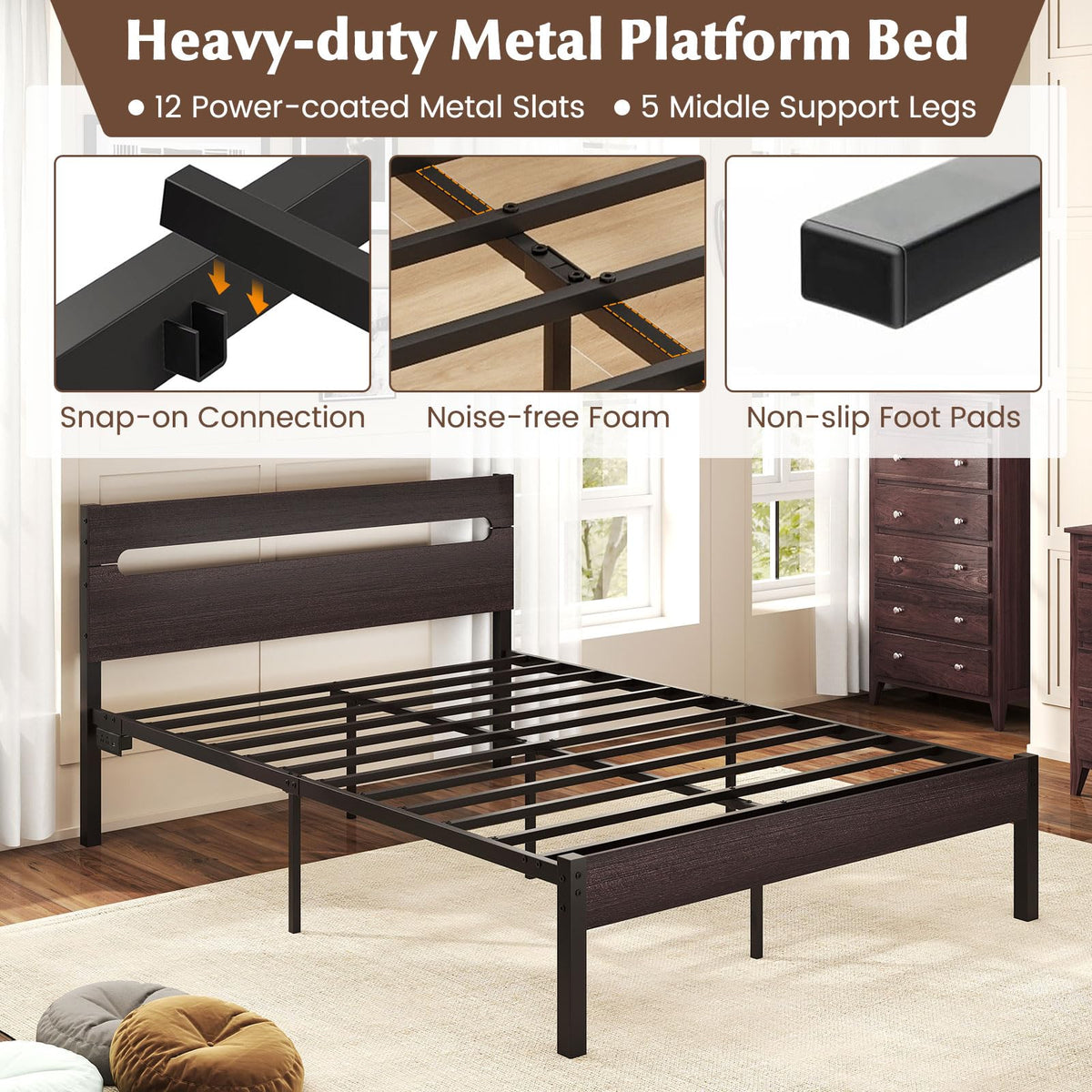 Goflame Full Size LED Bed Frame with Charging Station Rustic Metal Platform Bed