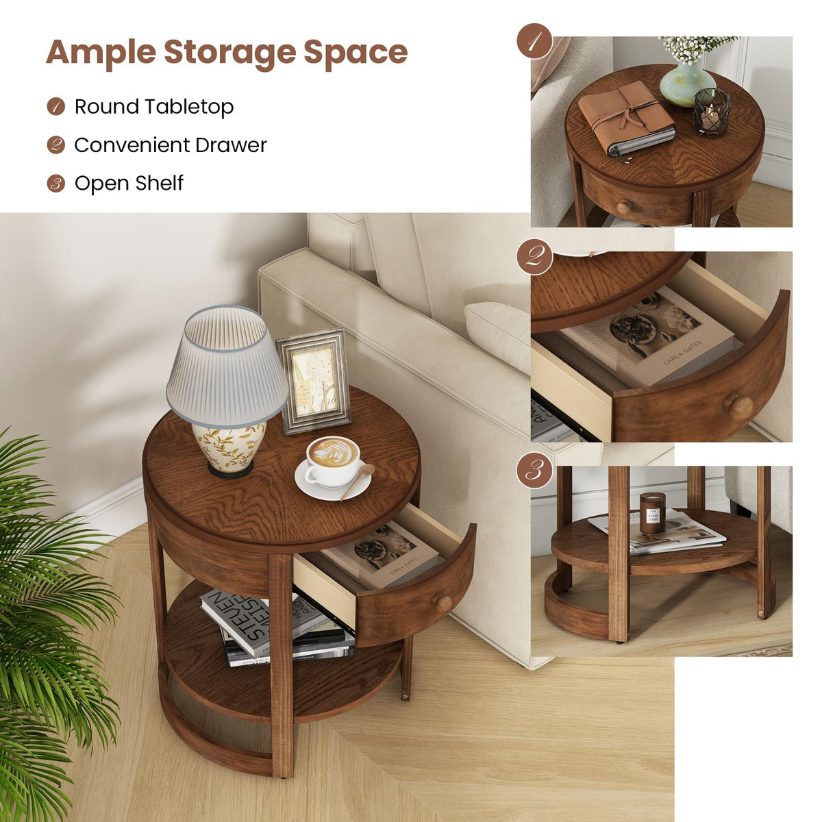 Goflame Round Side Tables Set of 1/2 | 2-Tier Retro End Tables with Drawer & Shelf