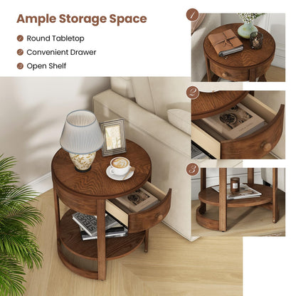 Goflame Round Side Tables Set of 1/2 | 2-Tier Retro End Tables with Drawer & Shelf
