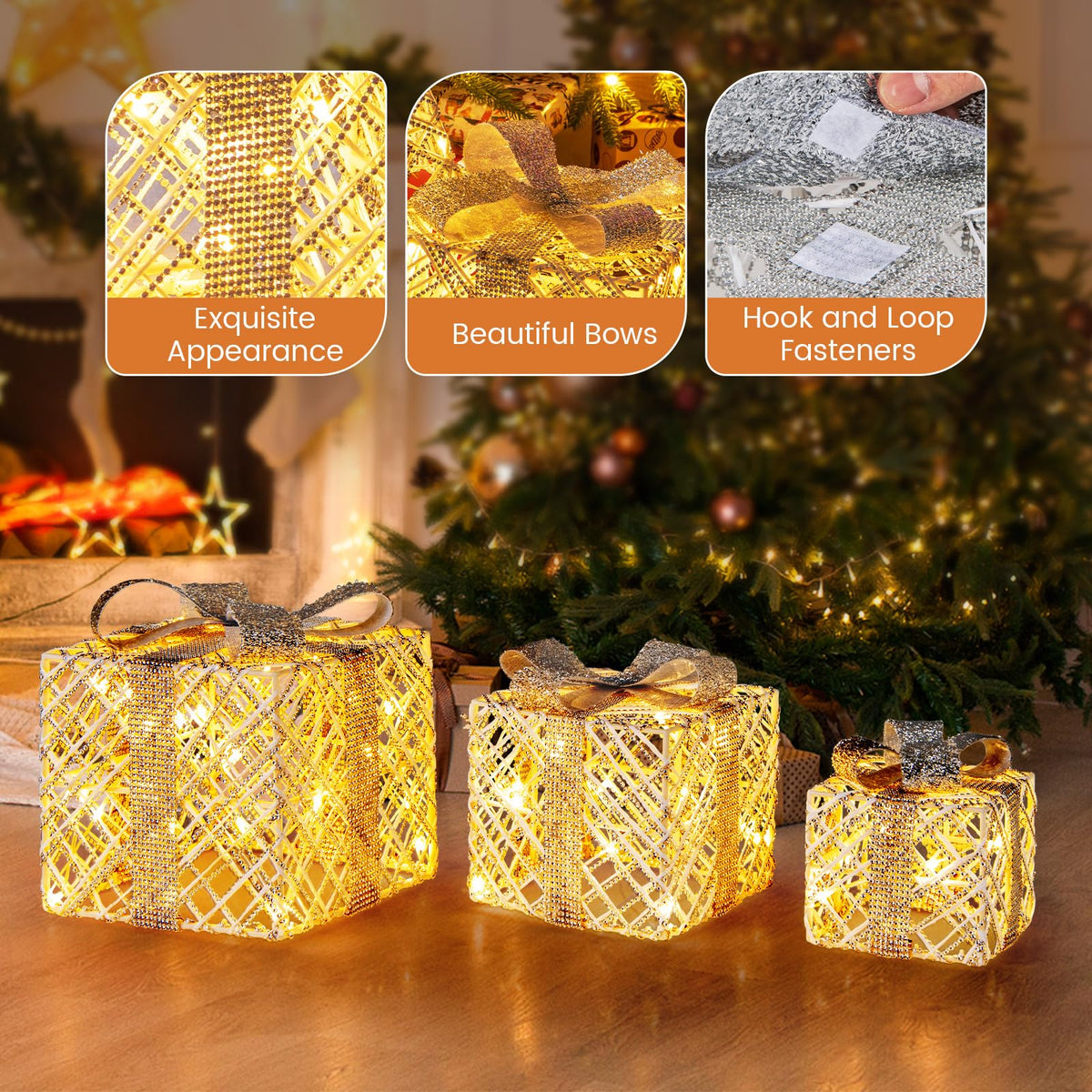 Goflame Set of 3 Christmas Lighted Gift Boxes, 90 LED Light up Present Boxes with Bows