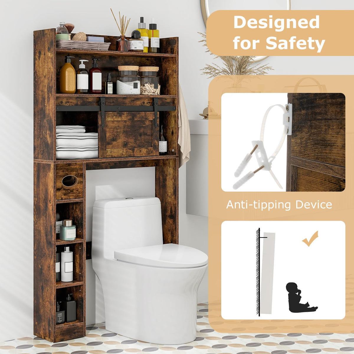 Goflame Over The Toilet Storage Cabinet, 6-Tier Freestanding above Toilet Rack with Gliding Door