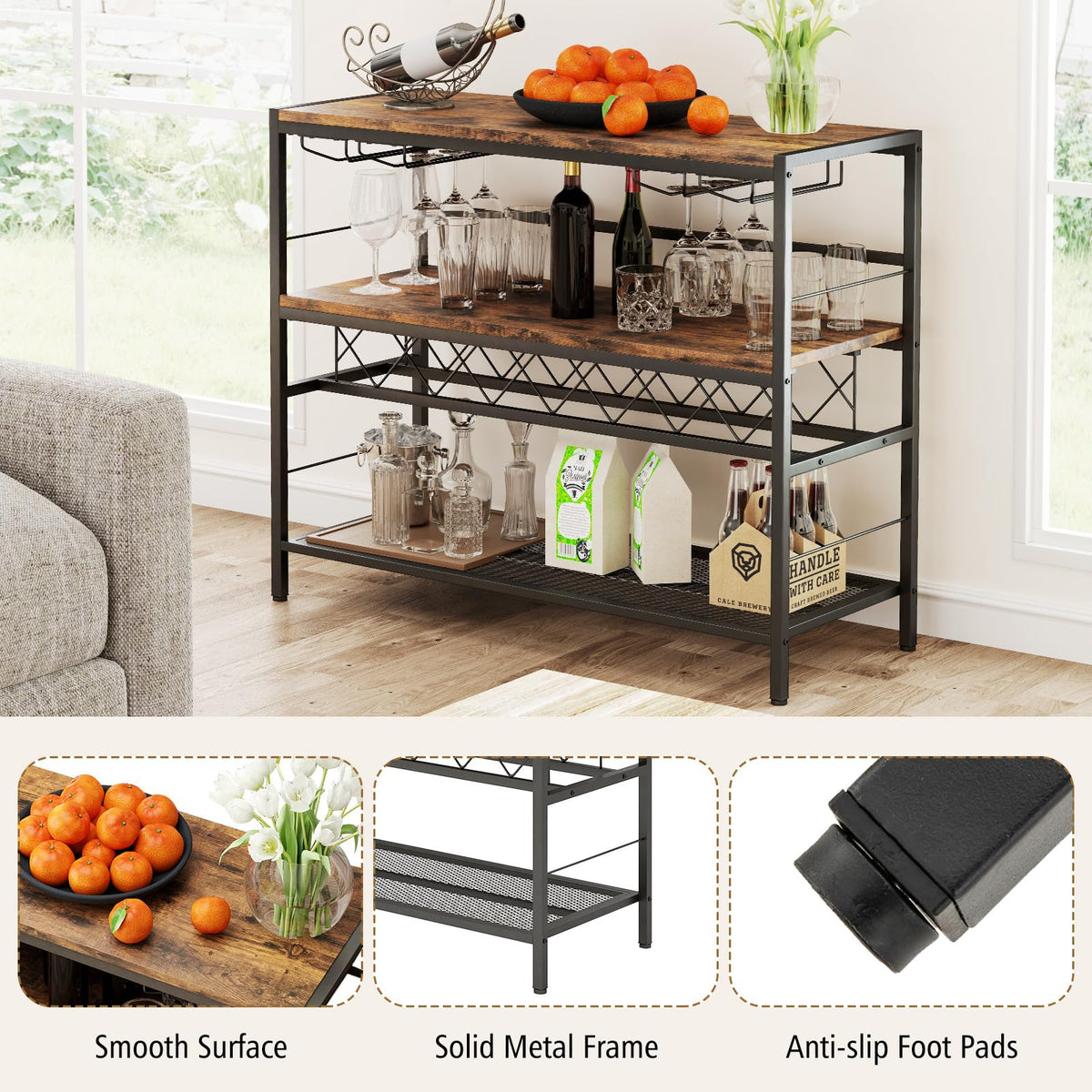 Goflame 4-Tier Wine Rack Table - 7-Bottle Wine Bar Cabinet w/ 4 Wine Racks & 16 Glasses Holder