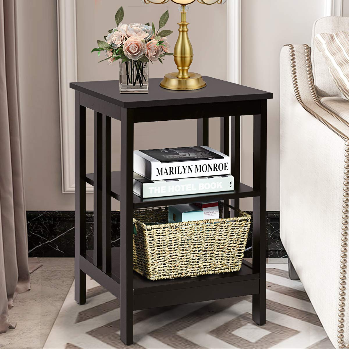 Goflame Nightstand 3-Tier Sofa Side Table W/Reinforced Bars and Stable Structure