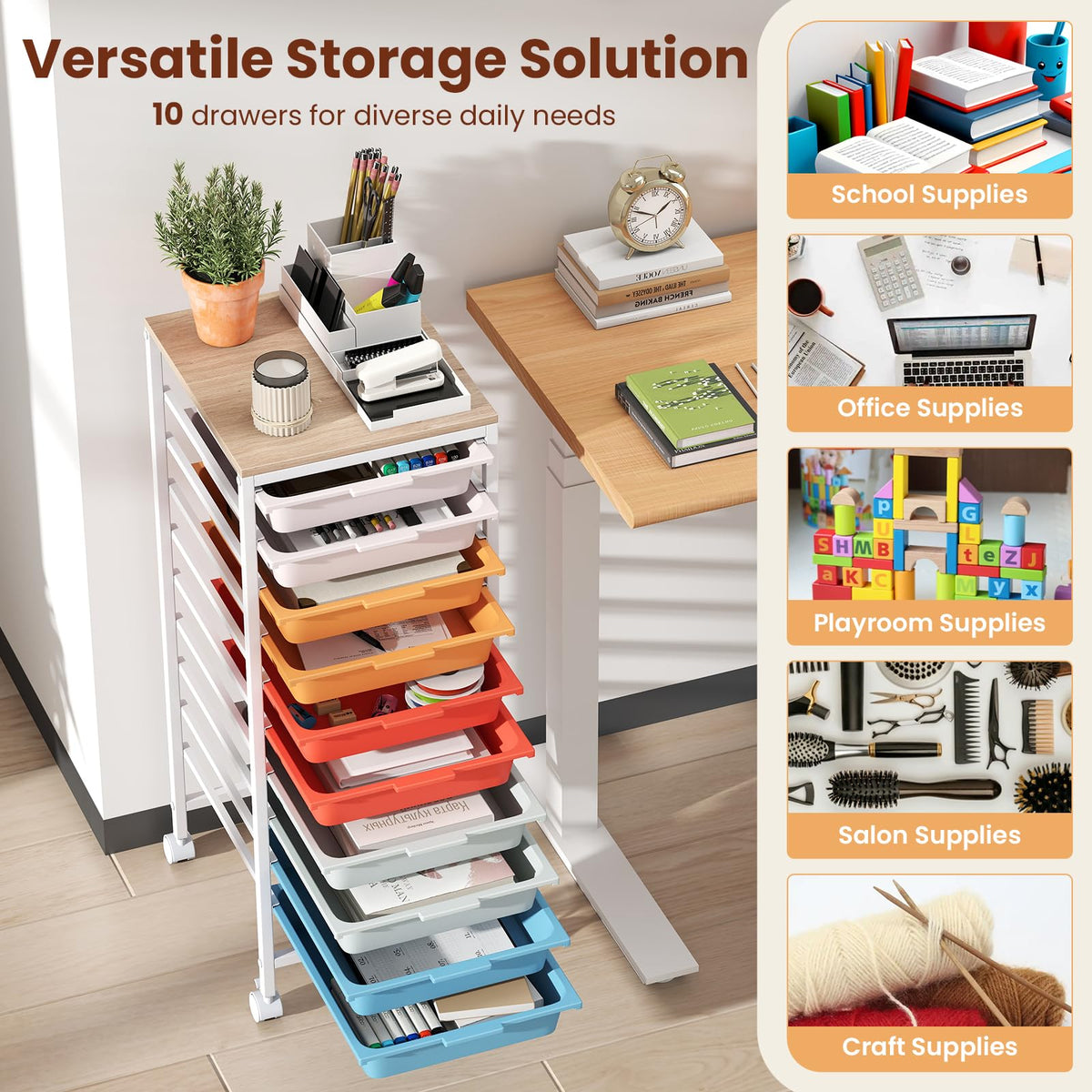 Goflame 10-Drawer Rolling Storage Cart Mobile Utility Organizer with Wooden Tabletop and Lockable Wheels