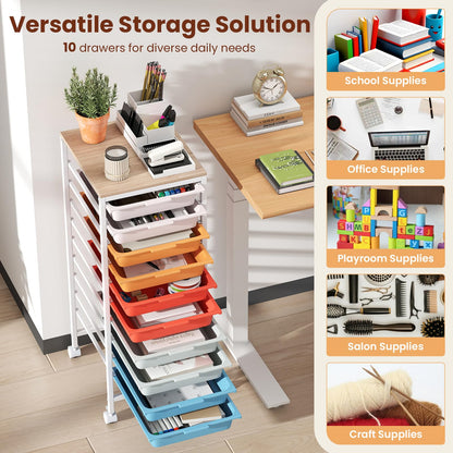 Goflame 10-Drawer Rolling Storage Cart Mobile Utility Organizer with Wooden Tabletop and Lockable Wheels