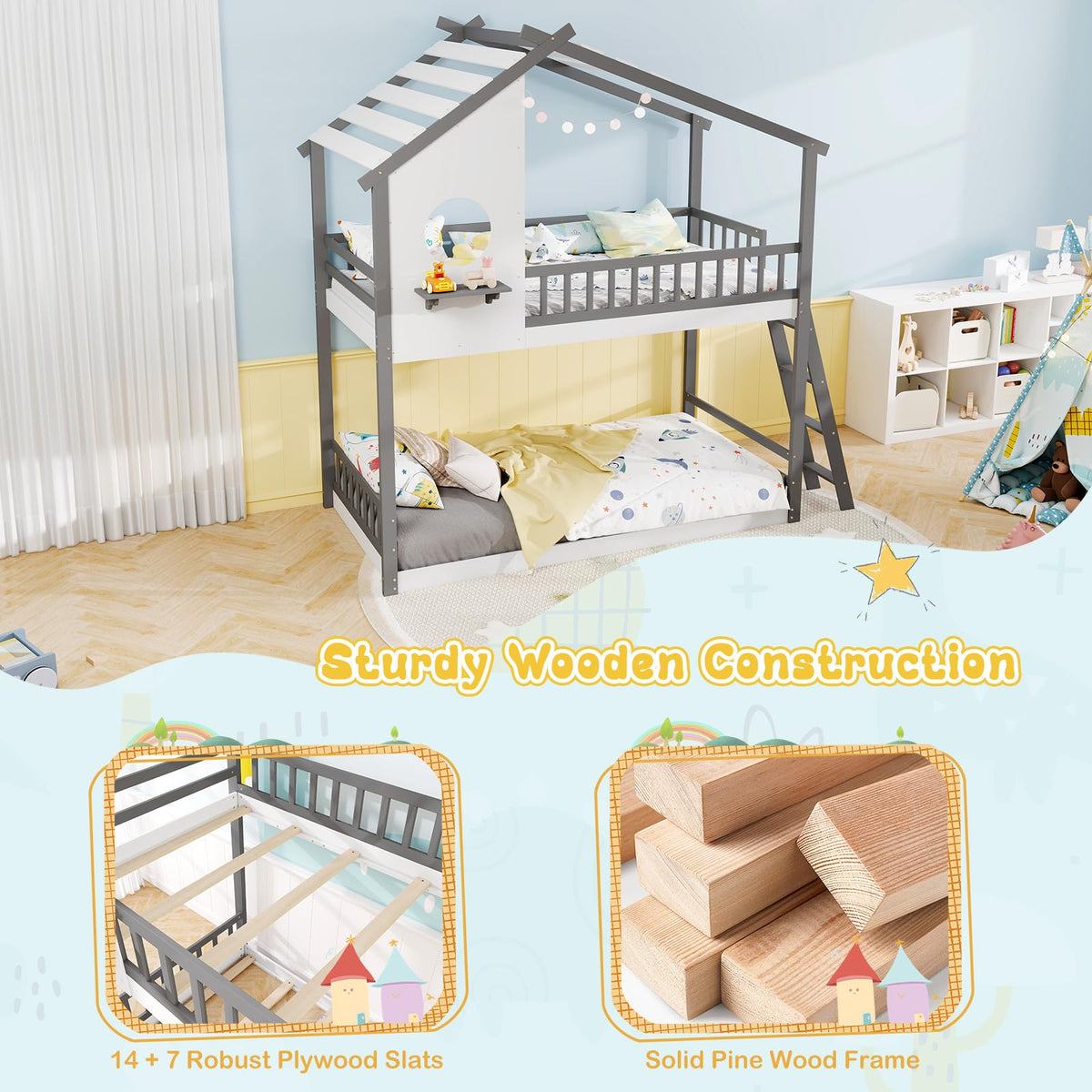 Goflame Solid Wood Floor Bunk Bed with Ladder and Full-Length Guardrails
