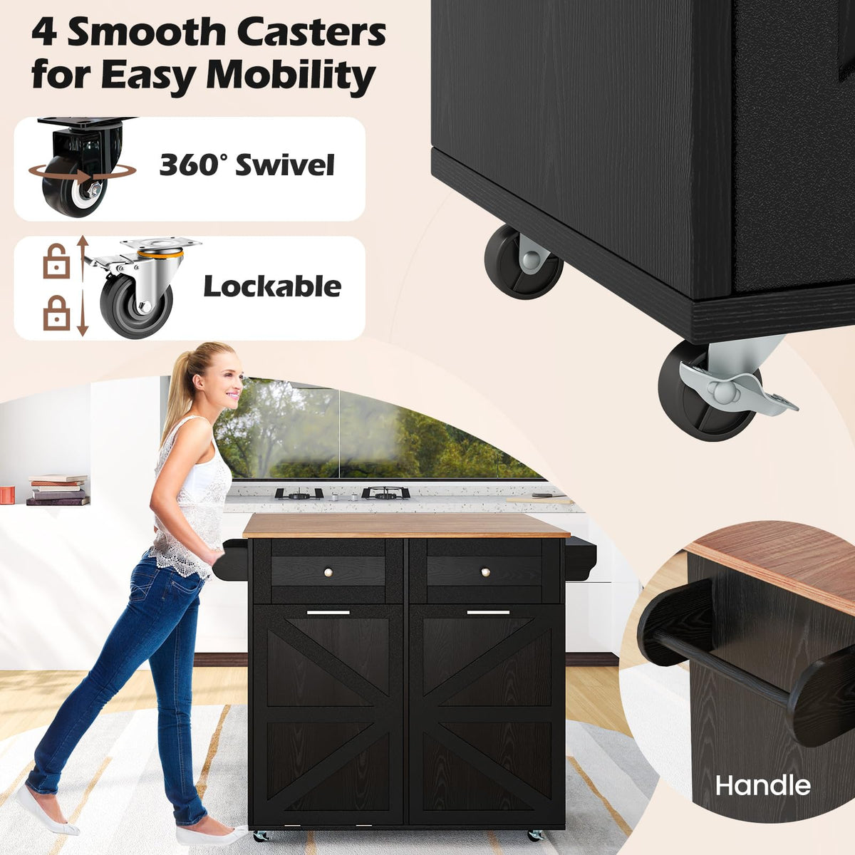 Goflame Kitchen Island Cart with Hidden Tilt Out Trash Can Cabinet, Drop Leaf, 2 Drawers, Towel Rack