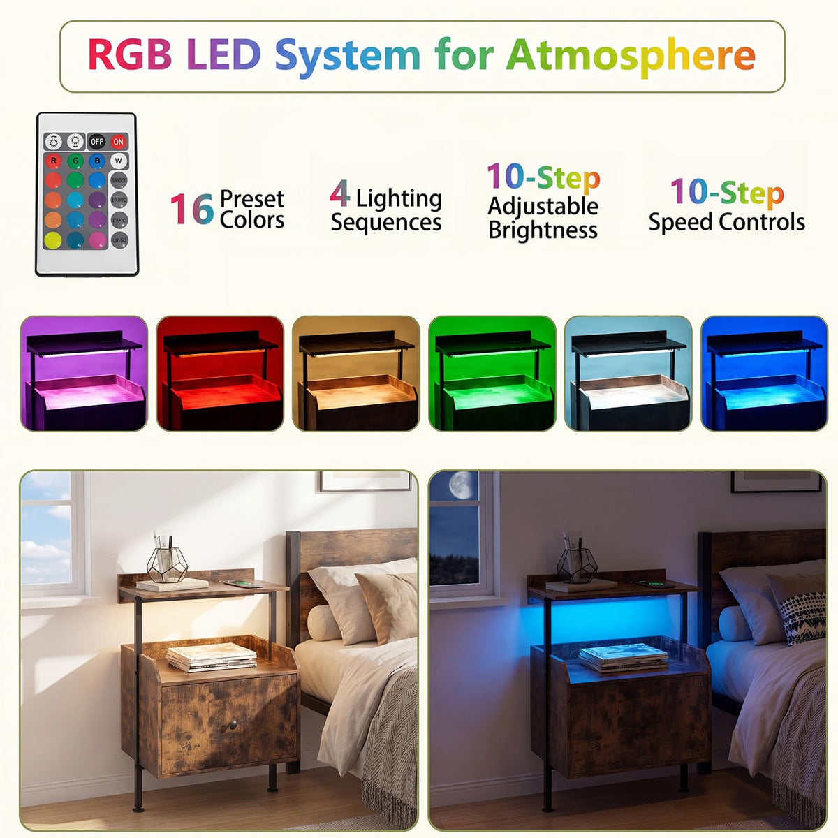 Goflame Nightstand w/Charging Station & LED Light (1/2)