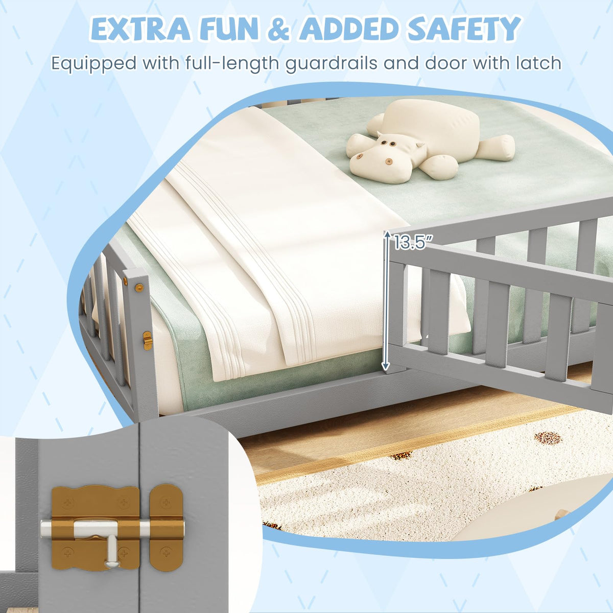Goflame Full Size Floor Bed for Kids, Montessori Floor Bed with Wood Slats & Safety Guardrails