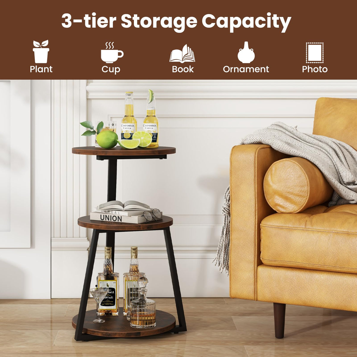 Goflame Round End Table, Industrial Side Table with Sturdy Metal Frame, Coffee Table, 3-Tier Bedside Table for Bedroom, Living Room