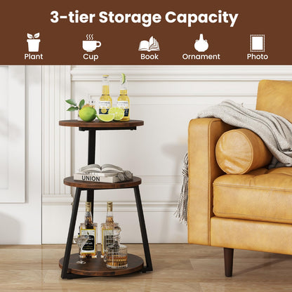 Goflame Round End Table, Industrial Side Table with Sturdy Metal Frame, Coffee Table, 3-Tier Bedside Table for Bedroom, Living Room