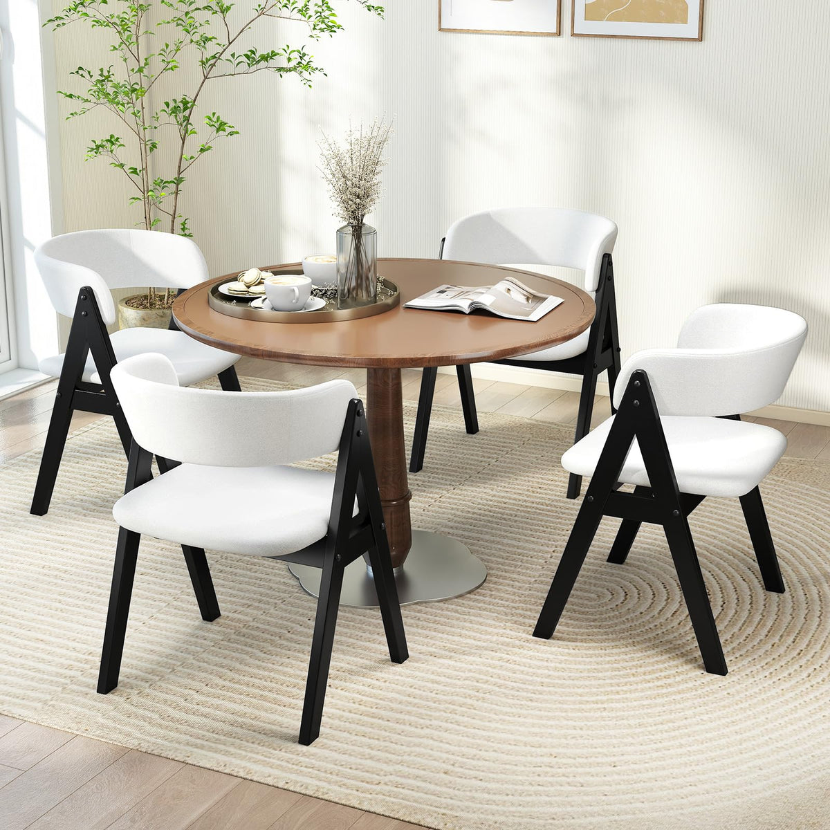 Goflame Wooden Dining Chairs Set of 2/4 Modern Sherpa Upholstered Kitchen Chair