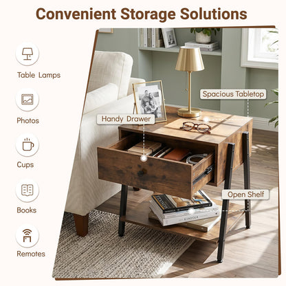 Goflame Industrial Night Stand with Drawer and Open Shelf