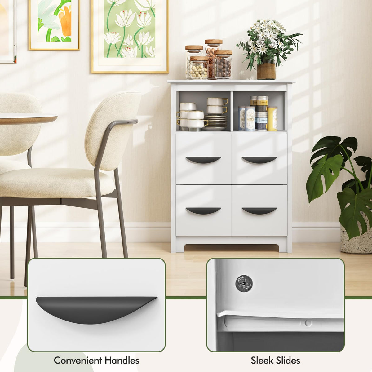 Goflame Storage Cabinet with Large Drawers, Open Storage Compartments, Anti-Tipping Kit, White