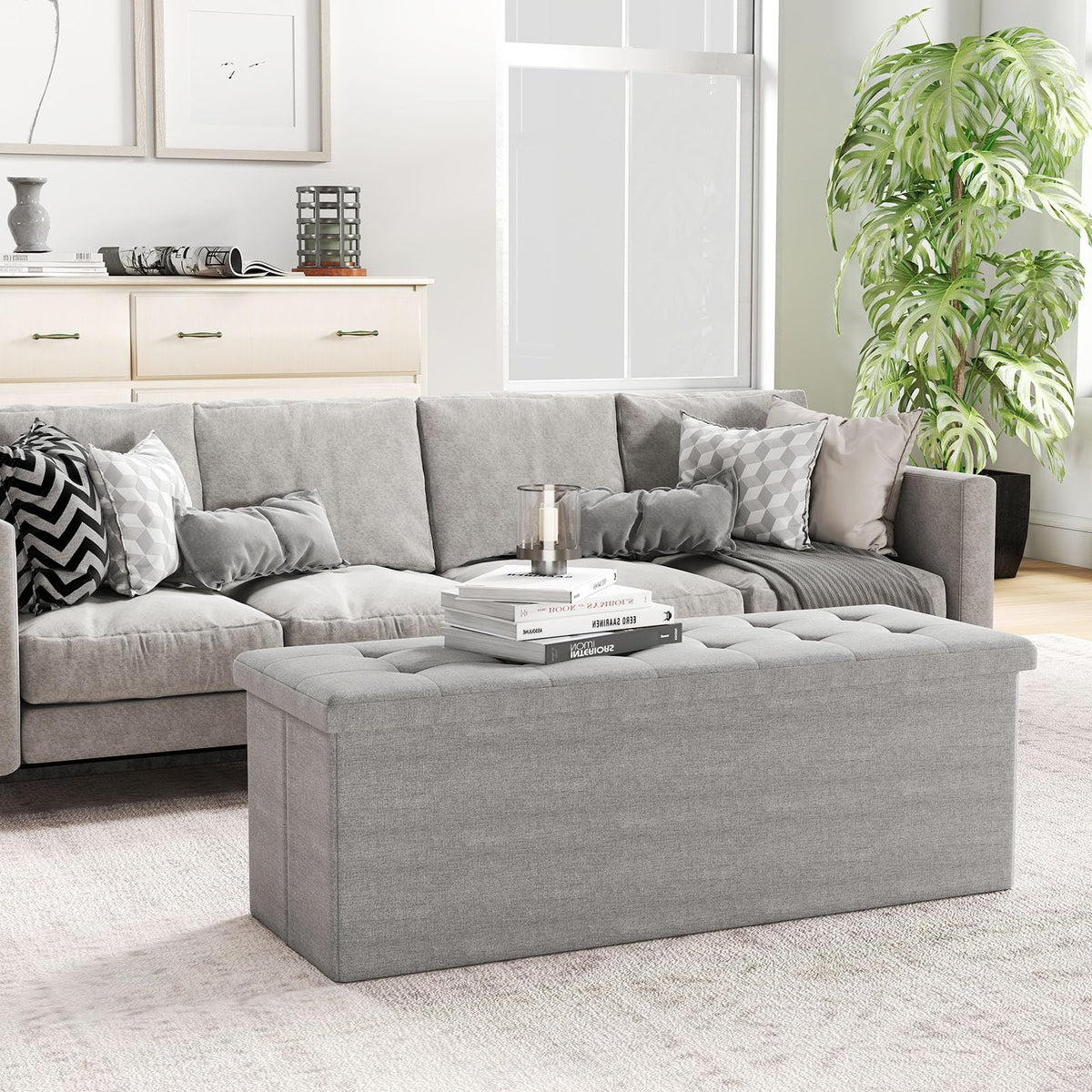 Goflame 43 Inches Folding Storage Ottoman Bench Upholstered Storage Chest with Side Pocket
