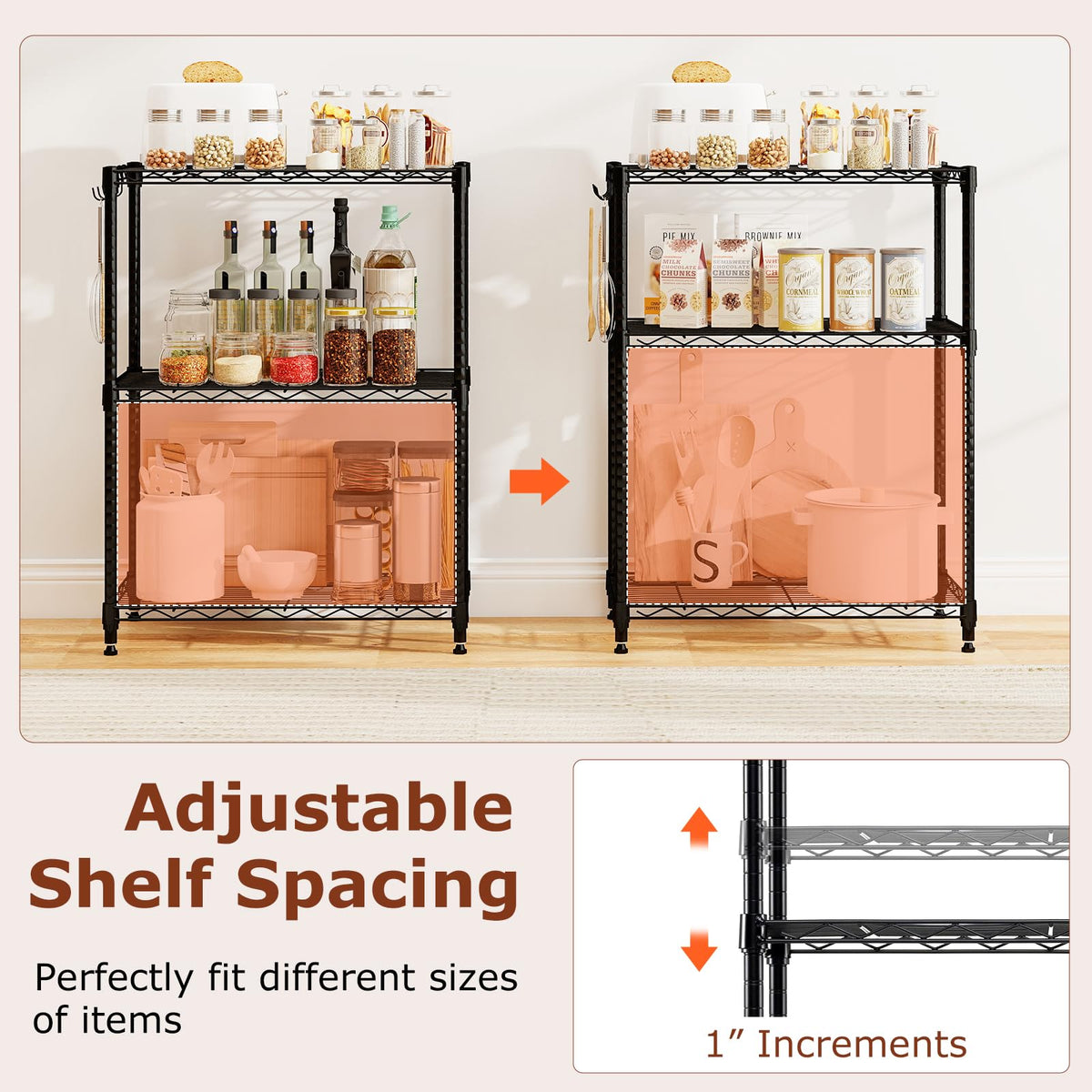 Goflame Storage Shelves Adjustable Wire Shelf Rack w/4 Removable Hooks