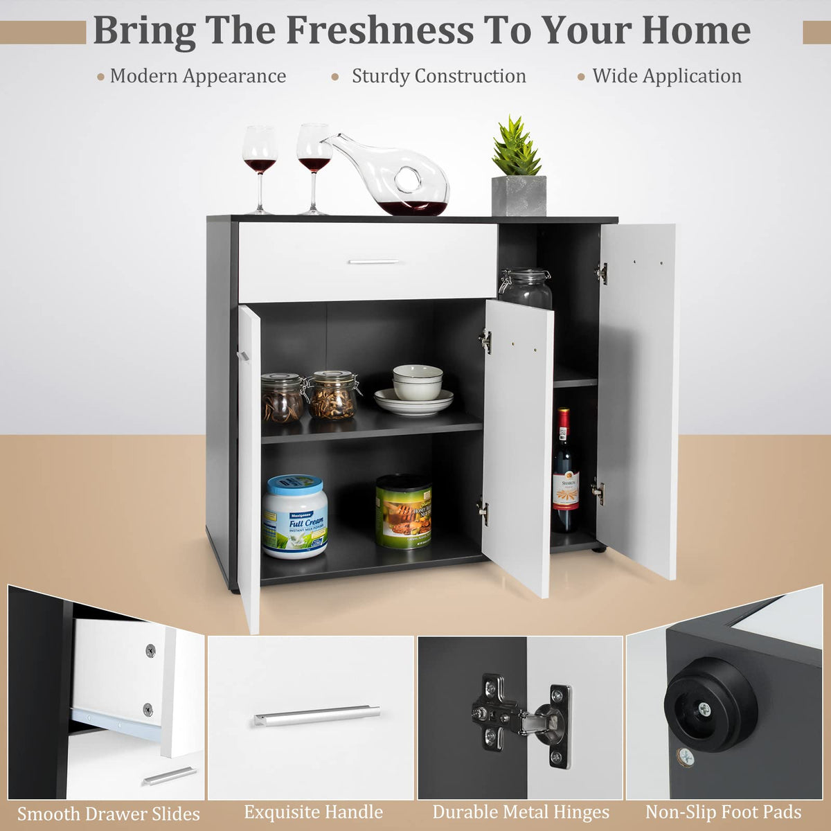 Goflame Buffet Cabinet with Storage, 3 Door Kitchen Cupboard with Large Drawer, Adjustable Shelf