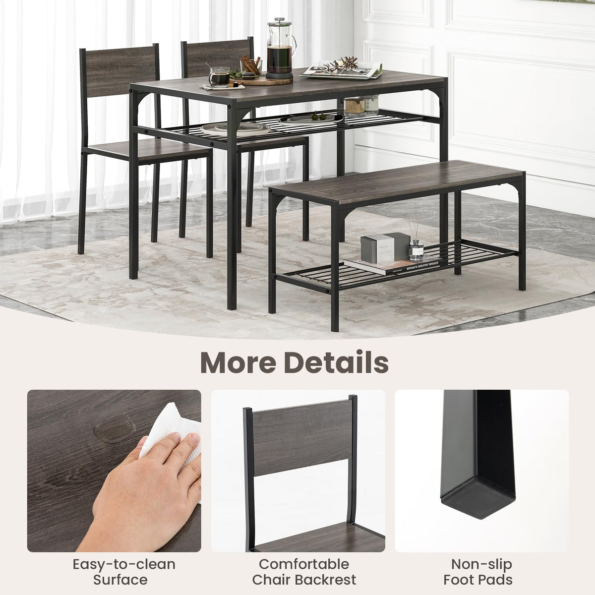 Goflame Dining Table Set for 4, Kitchen Table with Chairs & Bench, Storage Racks