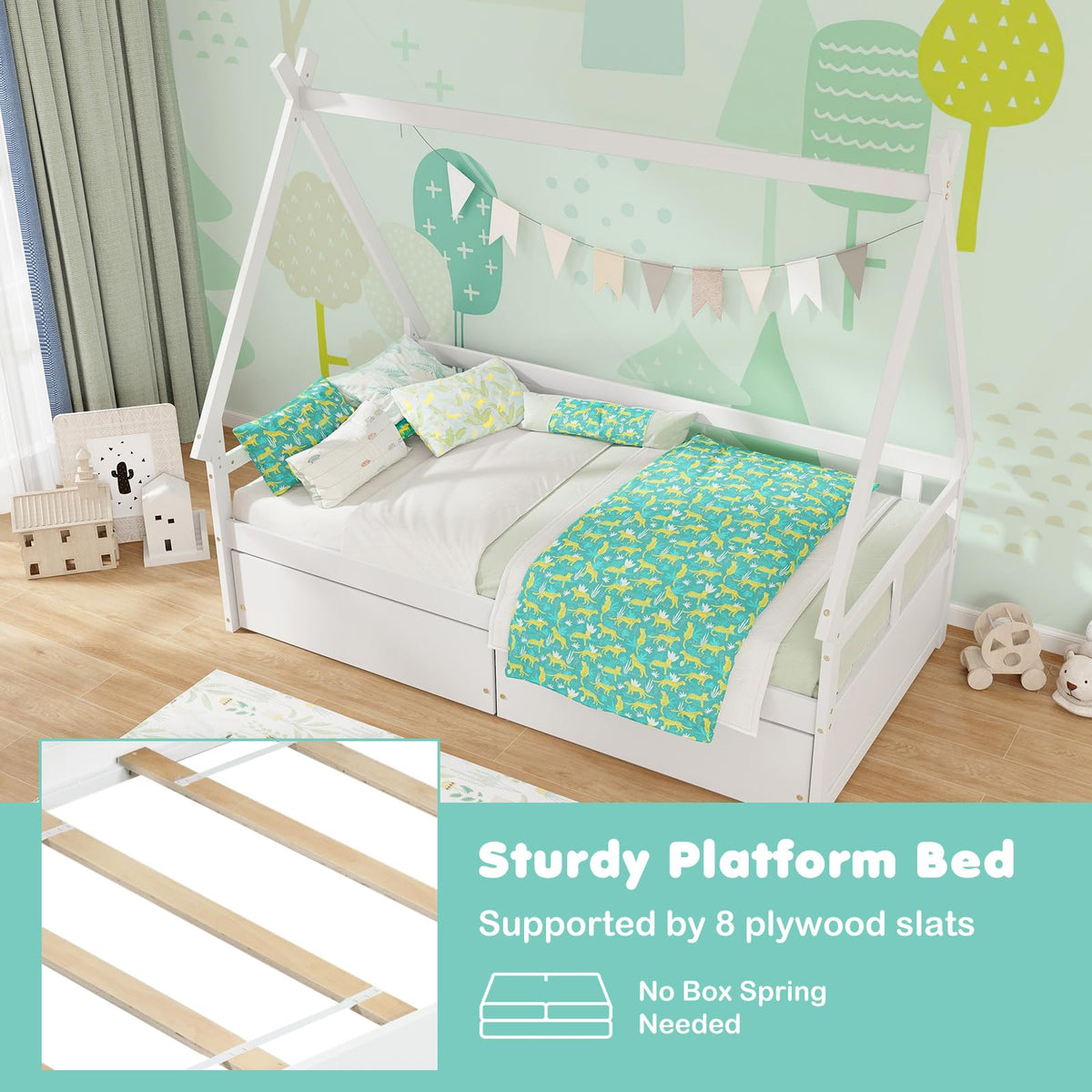 Goflame Twin Bed with 2 Storage Drawers, Wood Montessori House Tent Bed Frame with Safety Guardrail