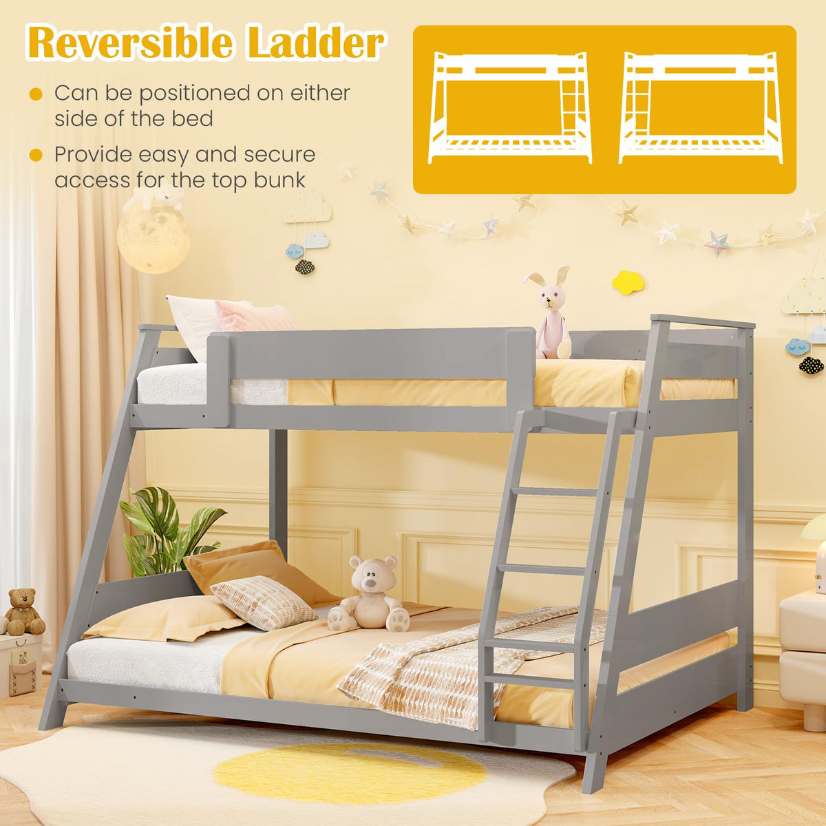 Goflame Wood Bunk Beds Twin Over Full Size, Solid Wood Floor Low Bunk Bed w/Removable Ladder