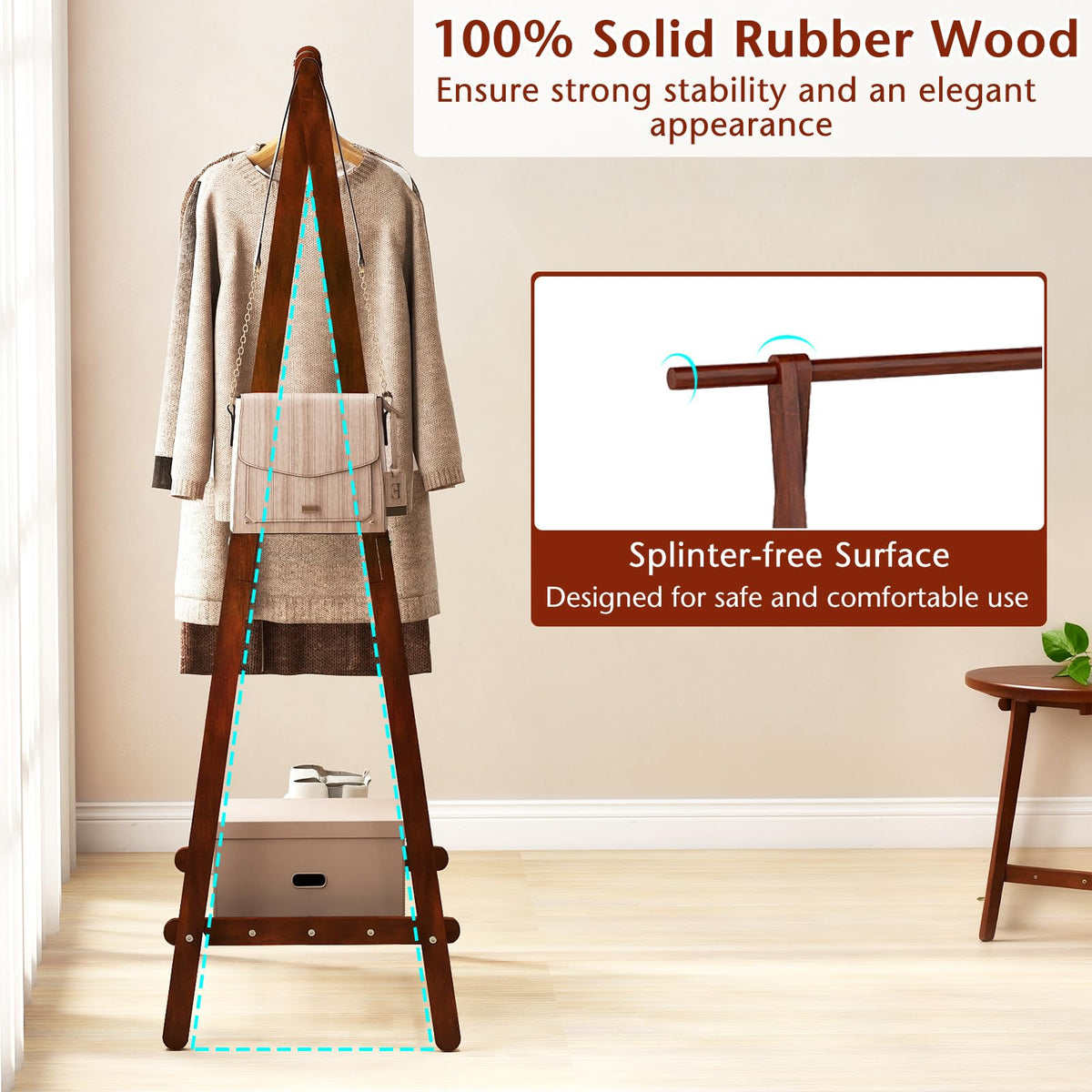 Goflame Folding Rubber Wood Clothes Hanging Rack Standing Garment Rack with Bottom Storage Shelf