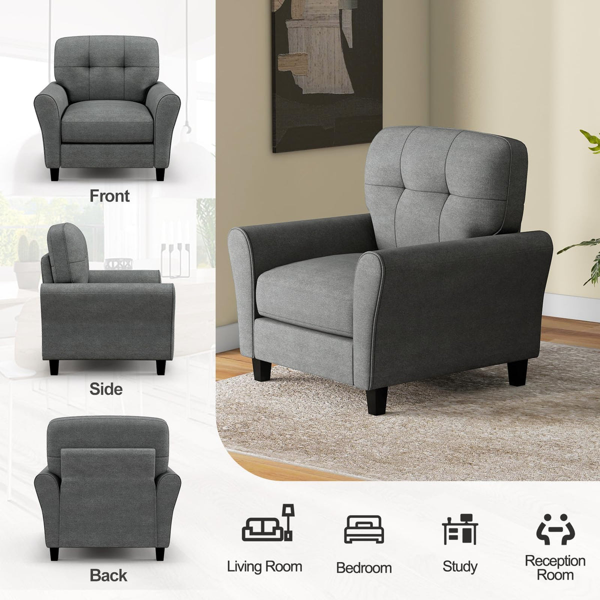 Goflame Modern Mid-Century Accent Chair - Linen Living Room Chair with Tufted Back, Grey