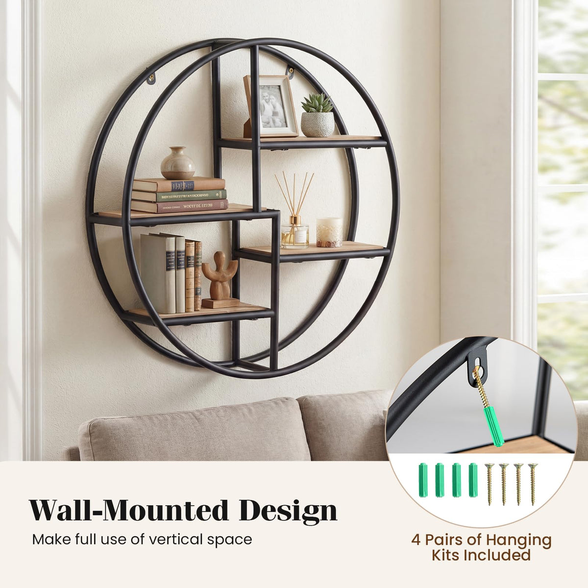 Goflame Industrial Style Round Wall Shelves for Living Room