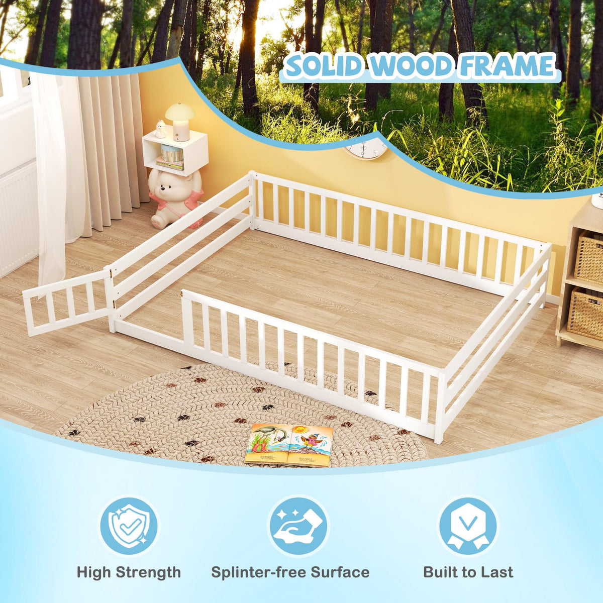 Goflame Floor Bed with Door & Fence Kids Wood Montessori Beds with Safety Guardrails
