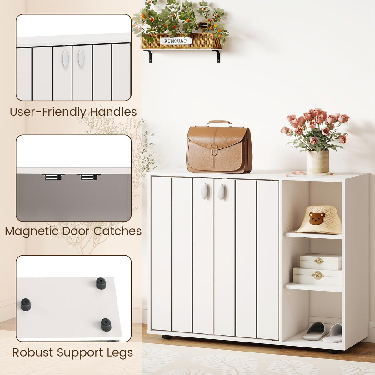 Goflame Wood Shoe Cabinet with Doors with 3-Level Adjustable Open Shelves