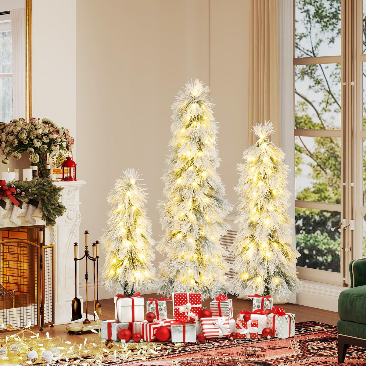 Goflame 3' 4' 5' Pre-Lit Snow Flocked Christmas Tree Set of 3 | Holiday Seasonal Decor
