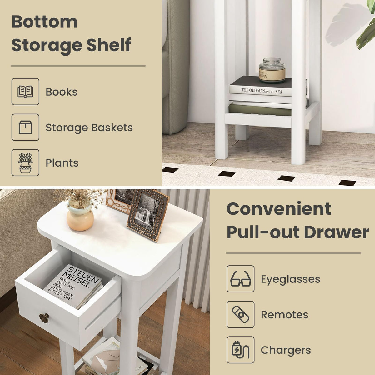 Goflame Narrow End Table with Drawer, Tall Acacia Wood Side Table with Bottom Shelf, Modern Bedside Tables