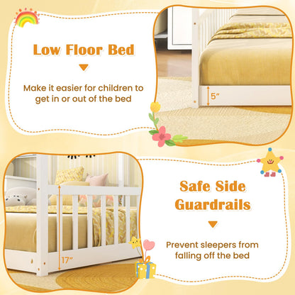 Goflame Double Twin Floor Beds for 2 Kids, Wood Twin Size House Beds with Safety Guardrails, White
