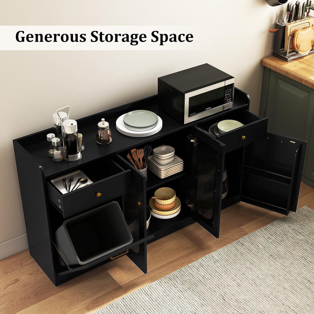 Goflame 55" Farmhouse Buffet Cabinet w/Hidden Tilt Out Trash Can