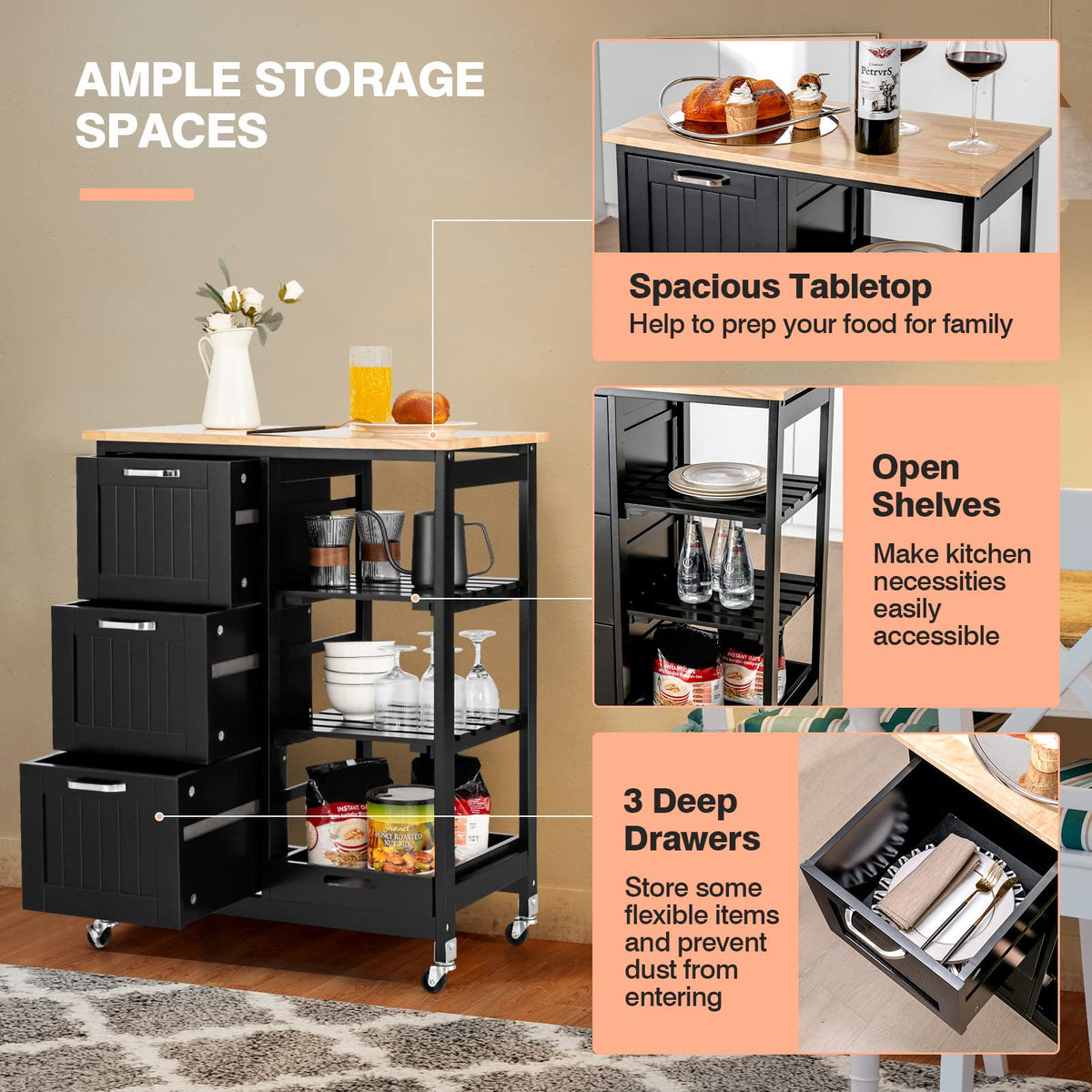 Goflame Kitchen Island Cart with Storage, Bar Serving Cart on Wheels with 3 Deep Drawers