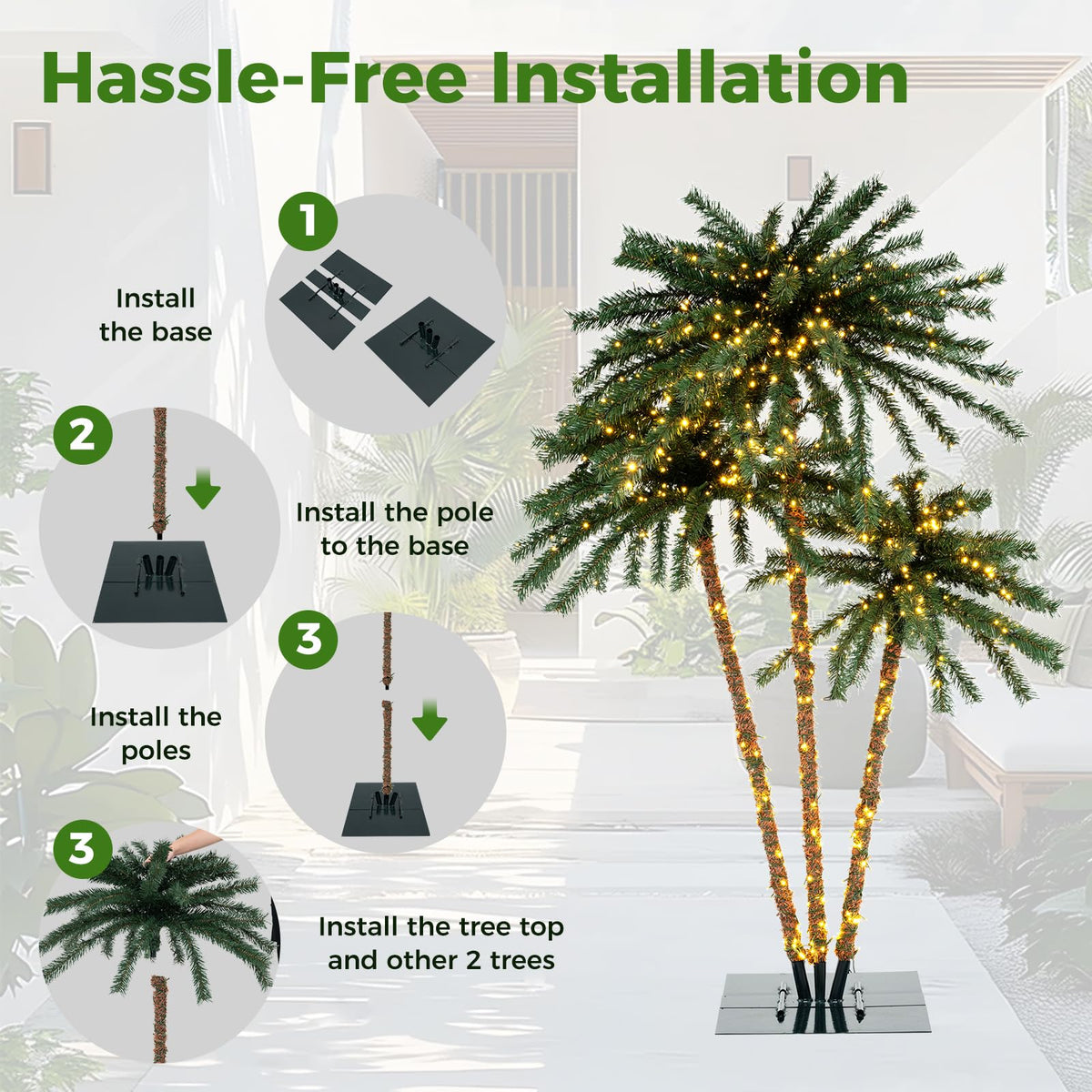 Goflame Pre-Lit Artificial Christmas Tree, 4/5/6 FT Triple Coconut Plam Trees with Metal Base