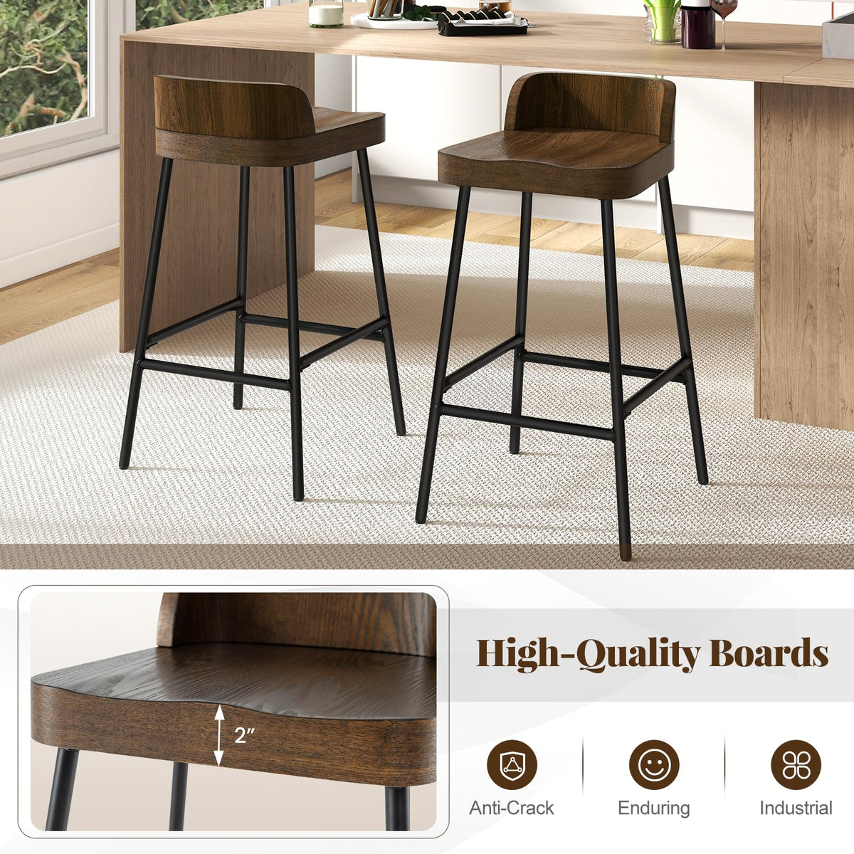 Goflame 24.5'' Bar Stool, Counter Height Bar Stools with Low Back & Footrest
