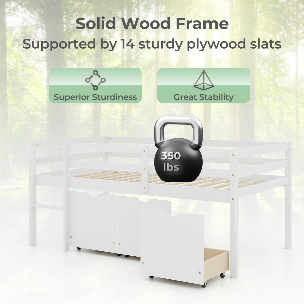 Goflame Twin Low Loft Bed with 3 Drawers, Wooden Loft Bed Frame with Ladder & Full-length Guardrails