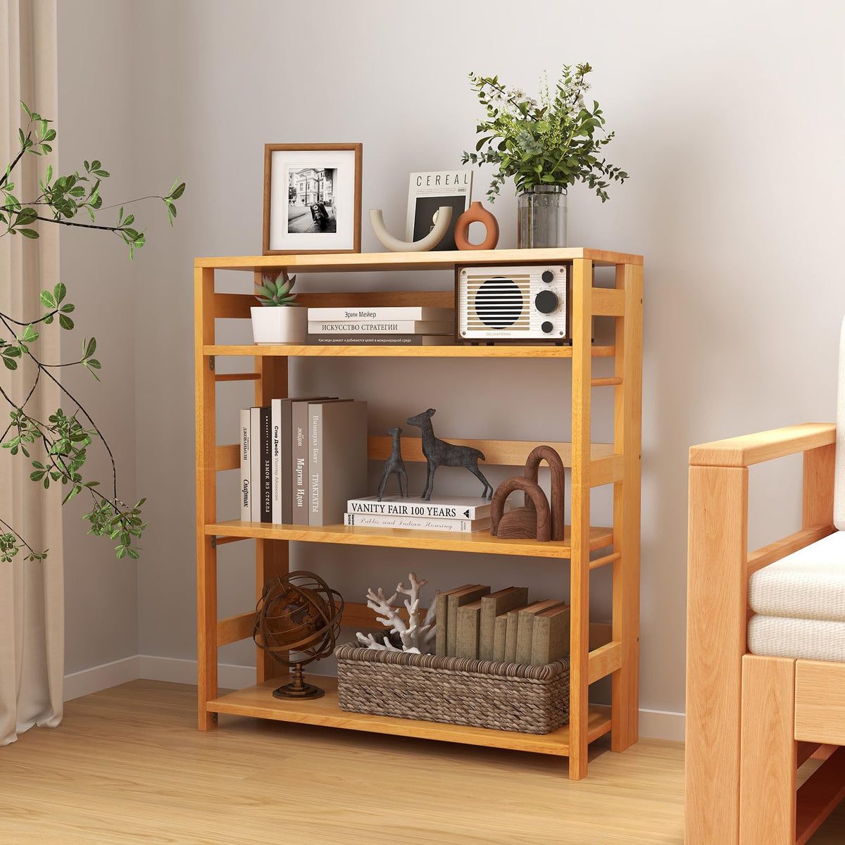 Goflame 4-Tier Bookshelf, 34.5" Floor Storage Shelf w/Rubber Wood Frame, Anti-Toppling Kits, Side Fences