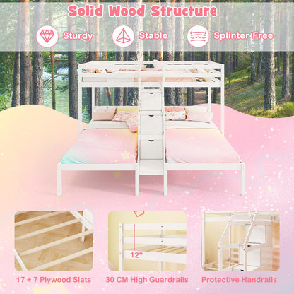 Goflame Twin Over Twin & Twin Bunk Bed, Triple Bunk Beds with 4-Step Storage Stair, Wooden 3 Bunk Beds for Kids Teens
