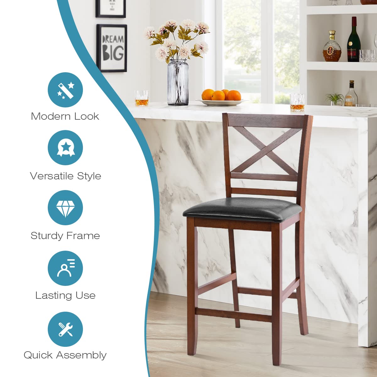 Goflame Modern 25” Counter Height Dining Pub Stools with X-Shaped Backrest, Soft Cushion & Durable PU Seat