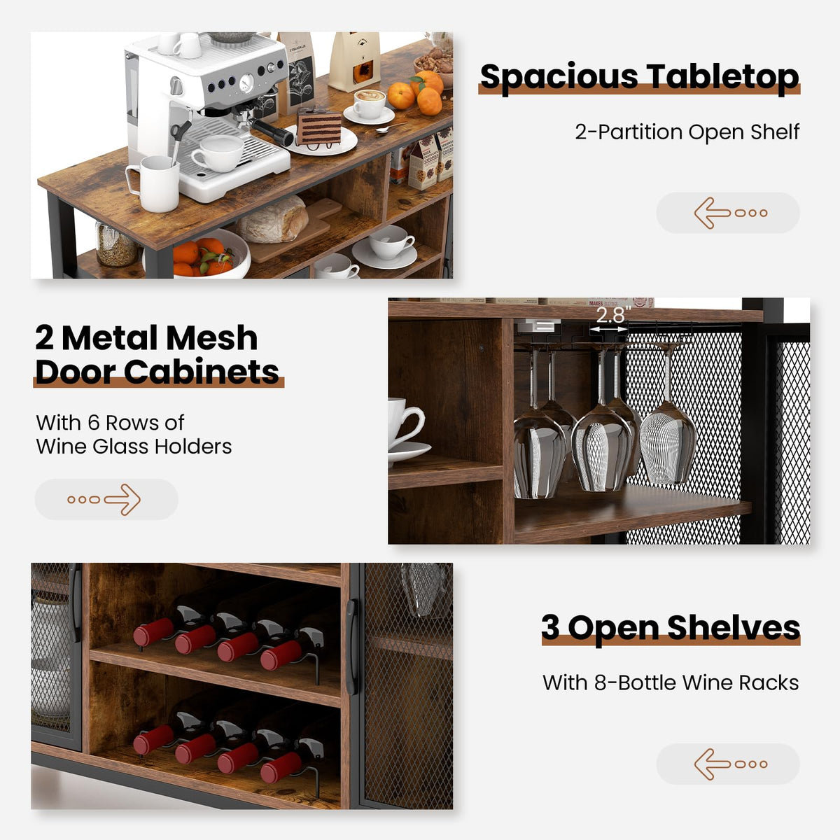 Goflame Coffee Bar Cabinet for Liquor and Glasses, 55” Buffet Sideboard with 8-Bottle Wine Racks, 6 Rows of Wine Glass Holders