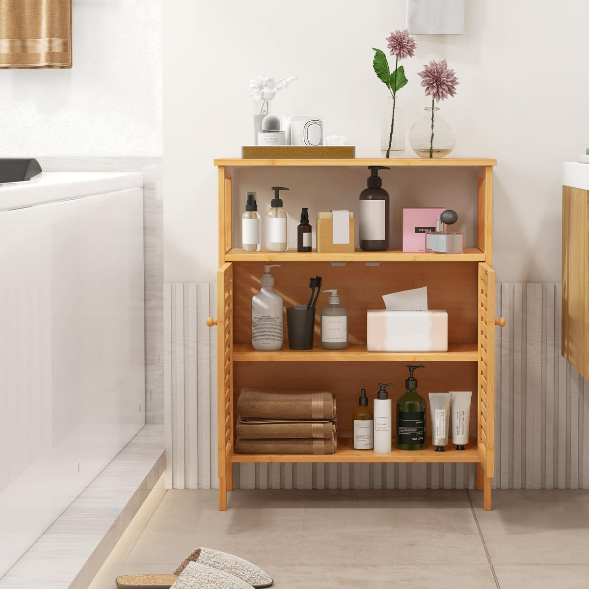 Goflame Storage Cabinet, Bamboo Bathroom Floor Cabinet with Double Louvered Doors