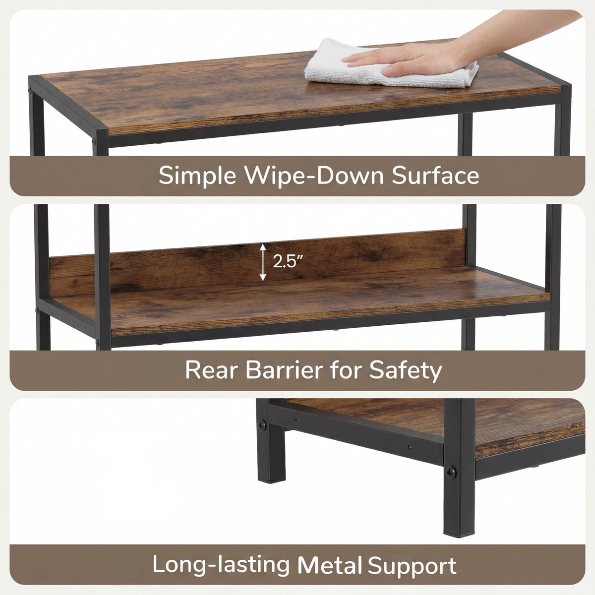Goflame Industrial 3-Tier Small Bookshelf with Wooden Shelves and Metal Frame