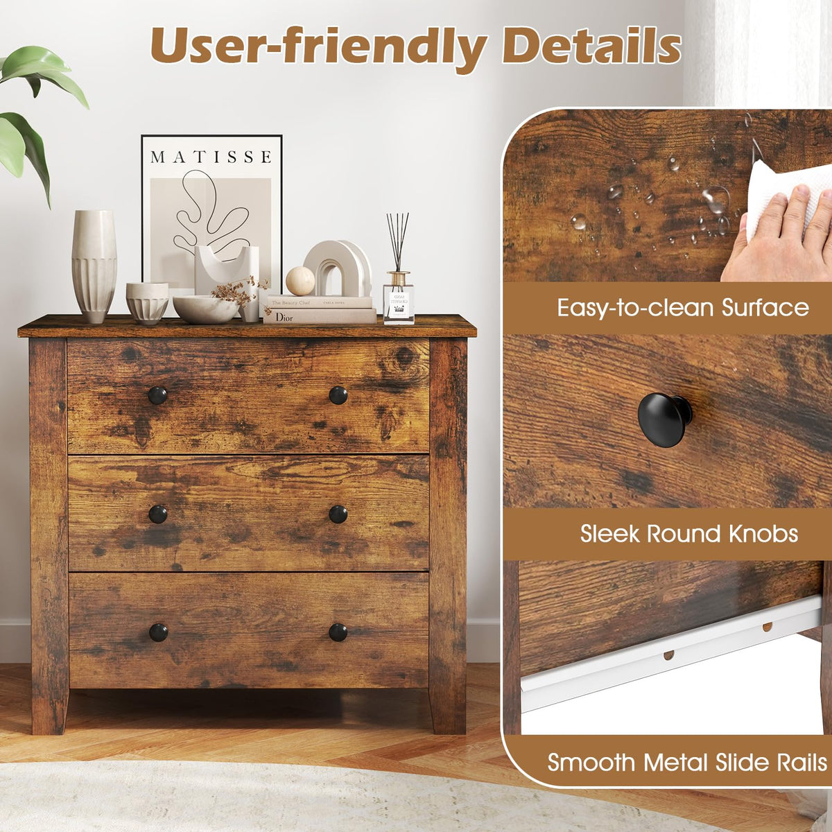 Goflame Small 3-Drawer Dresser for Bedroom - 28.5” x 18” x 26” Wide Chest of Drawers, Modern Large Nightstand