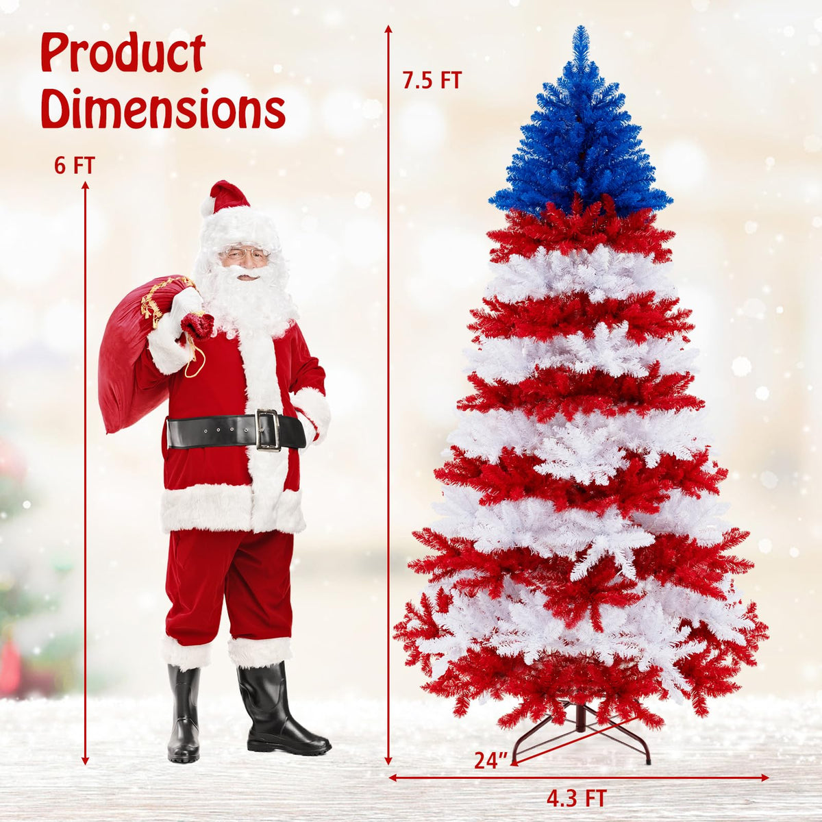 Goflame 7.5 FT Pre-Lit Patriotic Artificial Christmas Tree, Flag-Themed Hinged Xmas Tree with 480 Warm White LED Lights