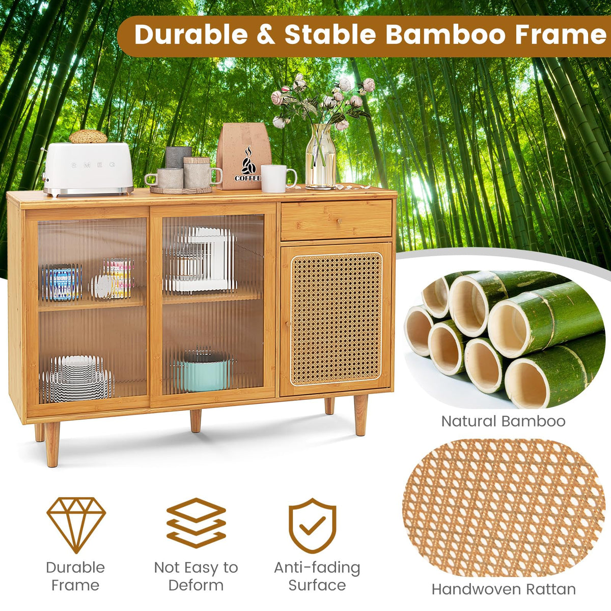 Goflame Sideboard, Bamboo Buffet Cabinet with Storage